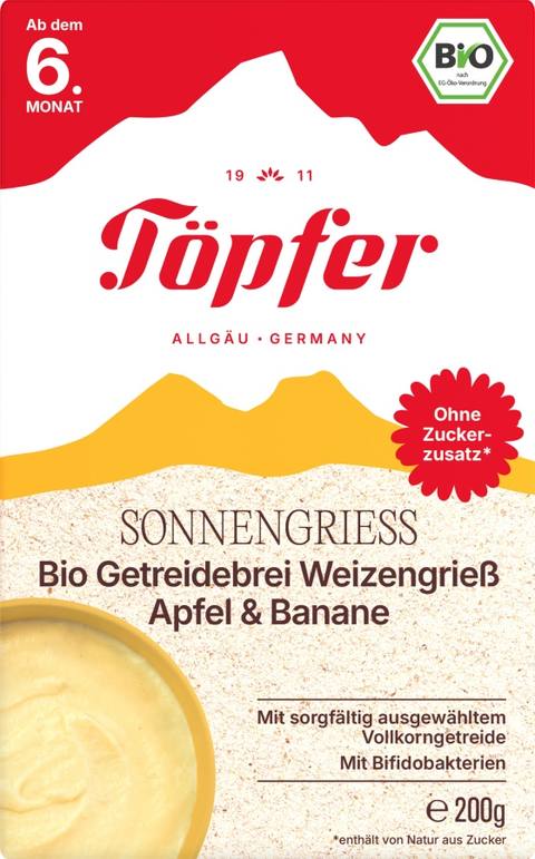 Бебешка каша Töpfer Слънчев грис с ябълка и банан 200 г