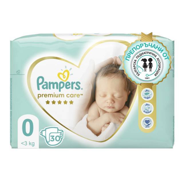 Пелени за еднократна употреба Pampers Premium Care размер 0, <3 кг, 30 броя