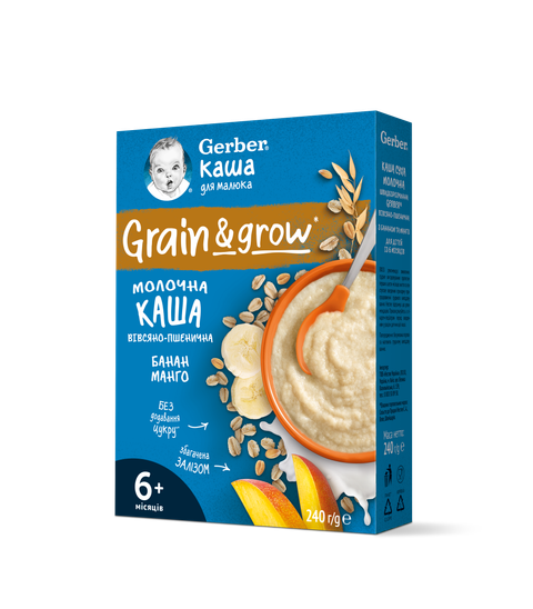 Бебешка каша Gerber Grain & Grow млечна овесено-пшенична с банан и манго 240 г