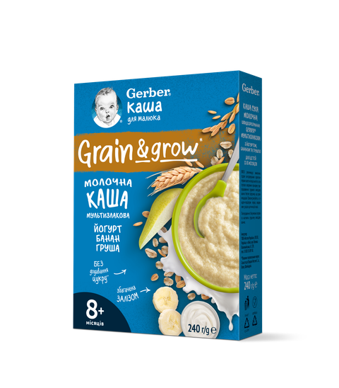 Gerber млечна мултизърнена бебешка каша с йогурт, банан и круша 240 г