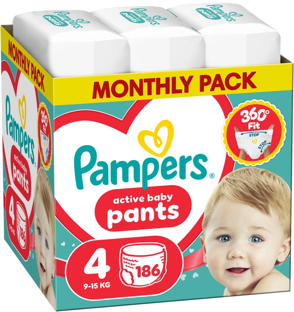 Пелени гащички Pampers Active Baby Pants размер 4, 9-15 кг, 186 броя