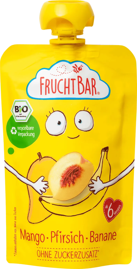 Бебешки пауч FruchtBar манго, праскова и банан 100 г