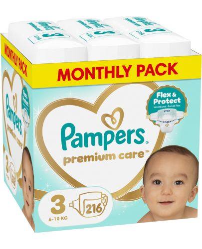 Пелени за еднократна употреба Pampers Premium Care размер 3, 6-10 кг, 216 броя