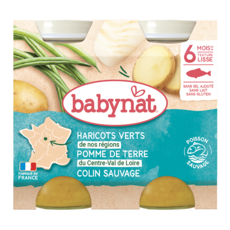 Бебешко пюре Babynat Haricots verts, Pomme de terre, Colin sauvage 200 г.