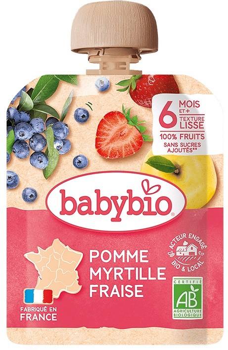 Бебешко пюре Babybio с ябълка, ягоди и боровинки 90 г