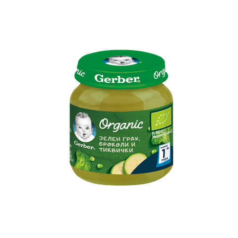 Бебешко пюре Gerber Organic зелен грах, броколи и тиквички 125 г