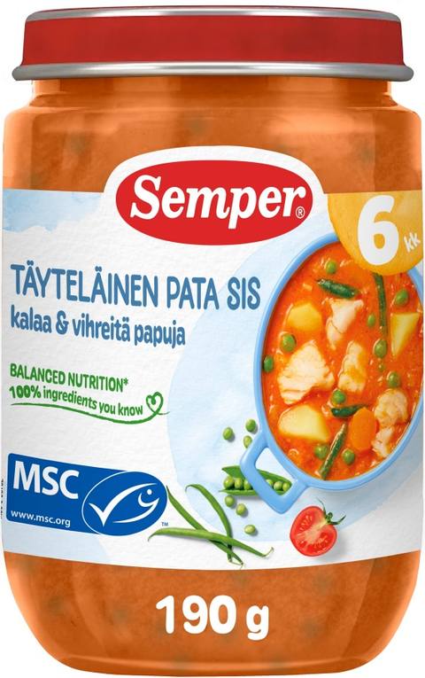Бебешко пюре Semper крем яхния с риба и зелен фасул 190 г