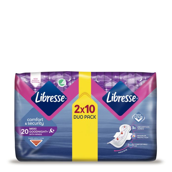 Дамски превръзки Libresse Maxi Night+ Wings Duo Pack 20 броя
