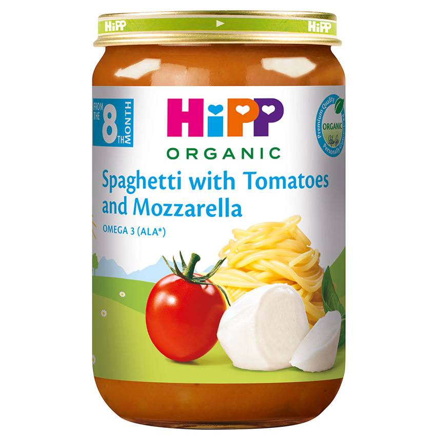 Бебешко пюре HiPP Spaghetti with Tomatoes and Mozzarella от 8-мия месец 220 гр