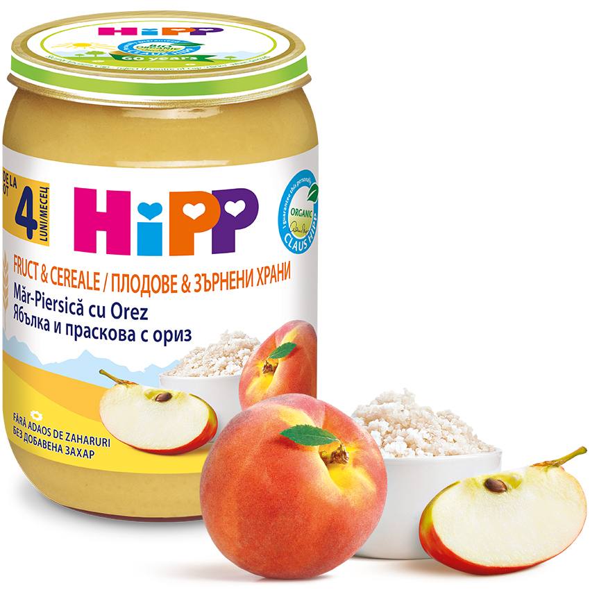 Бебешко пюре HiPP Organic плодове и зърнени култури ябълка и праскова с ориз 190 г