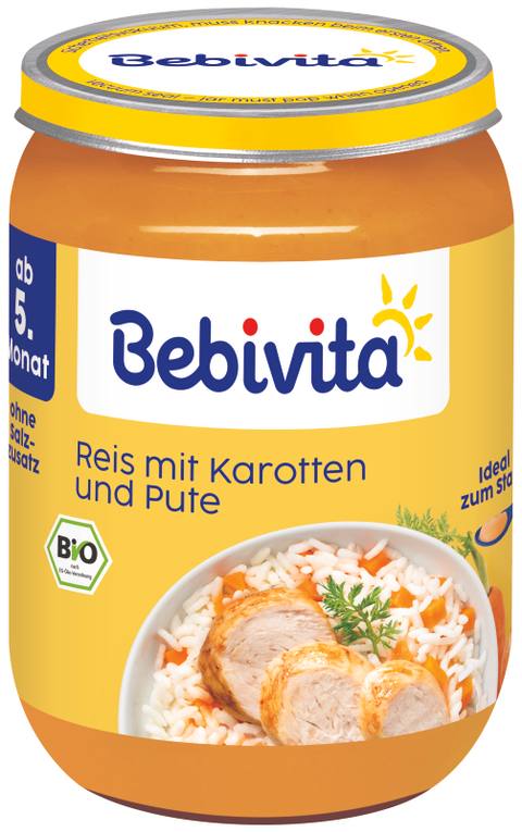 Бебешко пюре Bebivita ориз, моркови и пуешко месо 190 г
