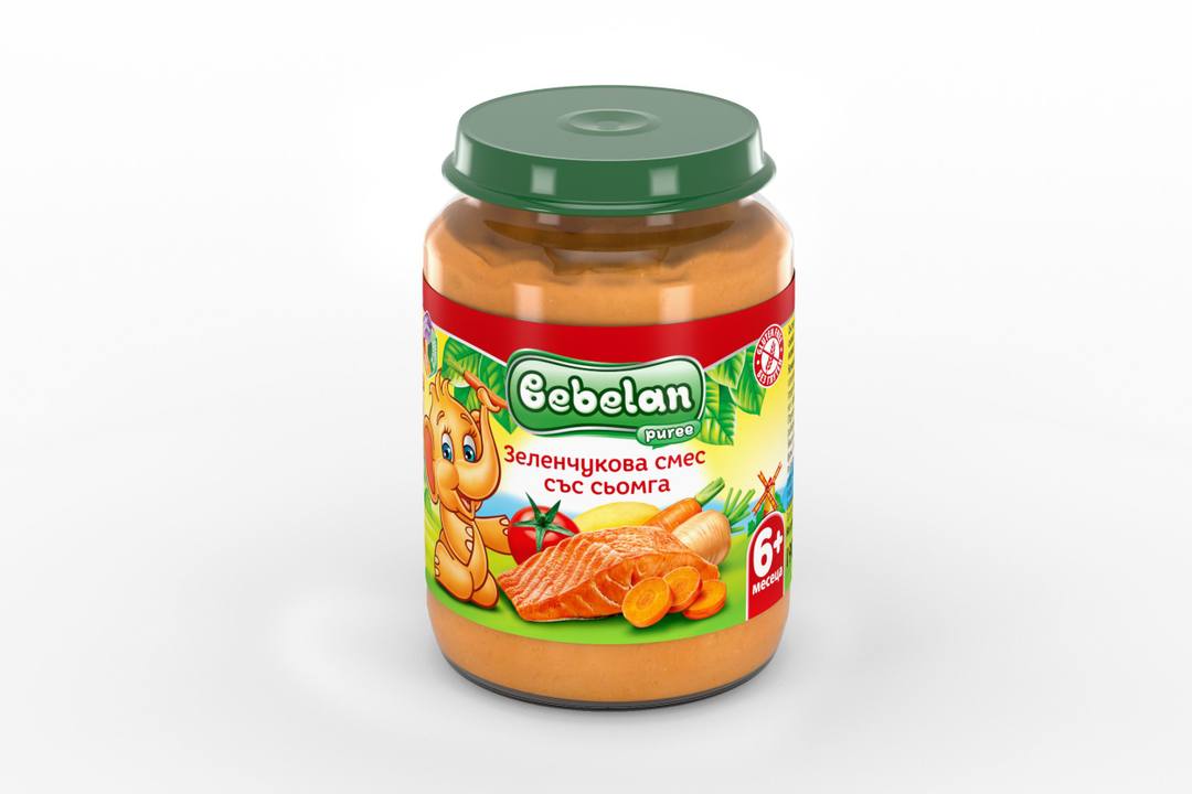 Зеленчукова смес със сьомга Bebelan Puree, 5+м. 190г