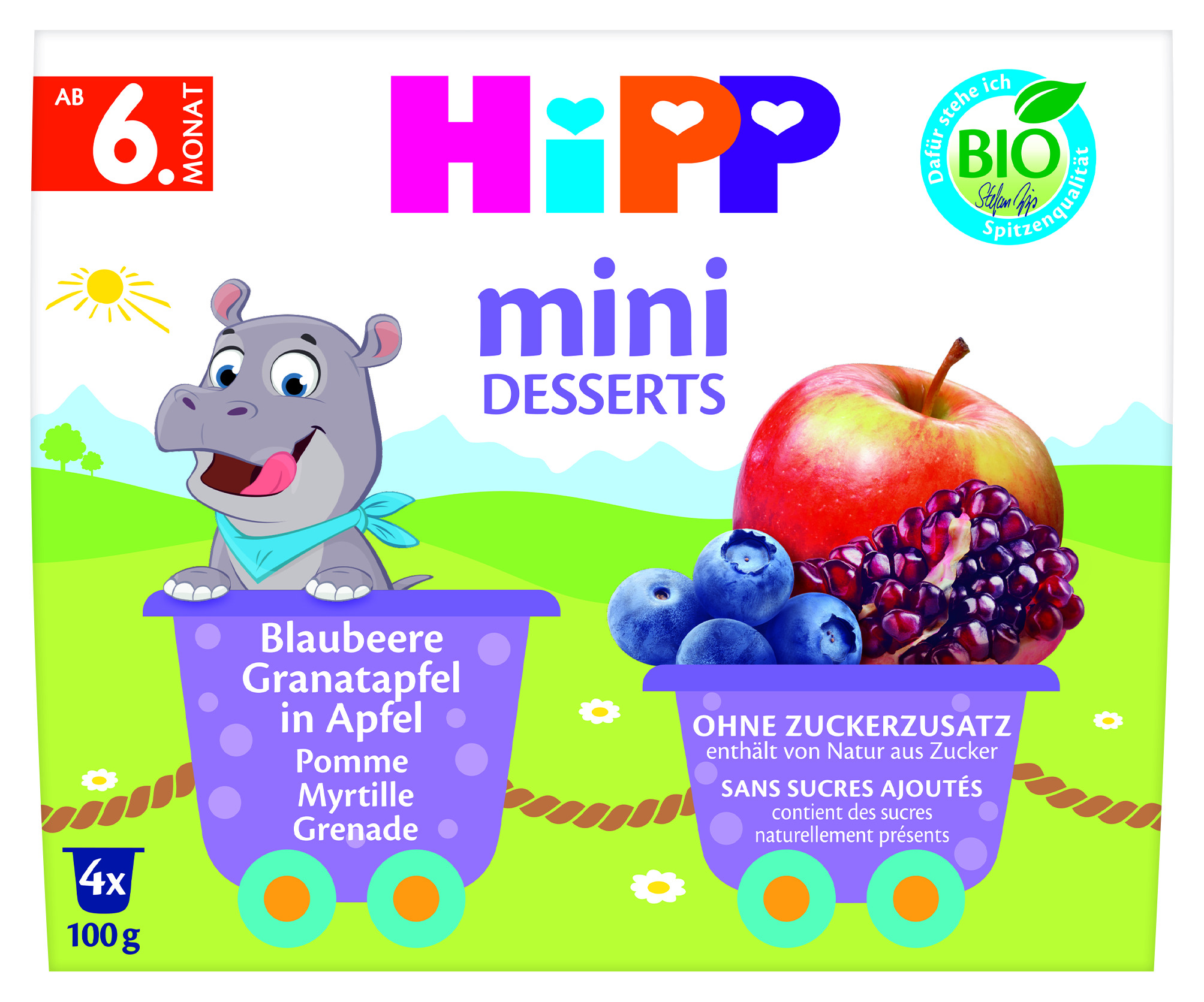 Бебешки десерт HiPP mini Desserts боровинка, нар и ябълка 4x100 г