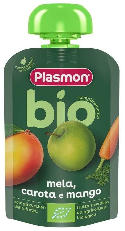 Бебешка плодова закуска пауч Plasmon ябълки, моркови и манго 100 г