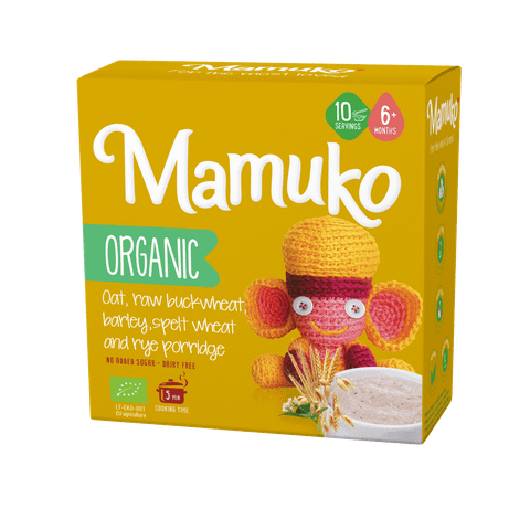 Бебешка каша Mamuko Organic Oat, raw buckwheat, barley, spelt wheat and rye porridge 10 порции 6+ м