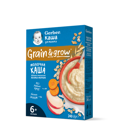 Бебешка млечна каша Gerber Grain & Grow овесено-пшенична с ябълка и морков 240 г