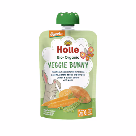 Бебешко пюре Holle Veggie Bunny морков, сладък картоф и грах 100 г