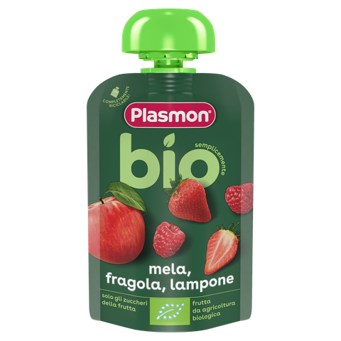 Бебешка закуска пауч Plasmon ябълки, ягоди и малини био 100 г