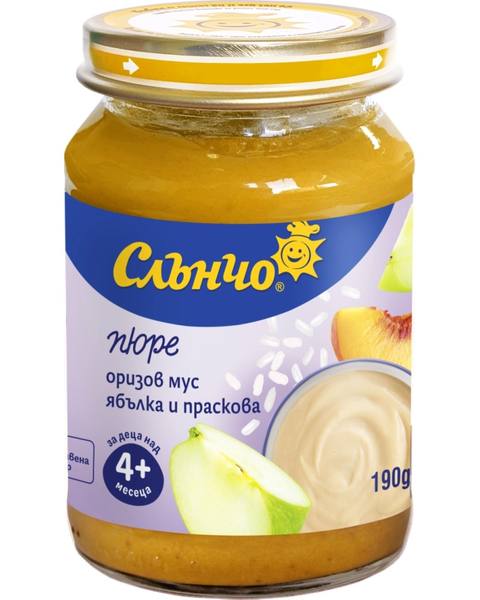 Бебешко пюре Слънчо оризов мус ябълка и праскова 190 г