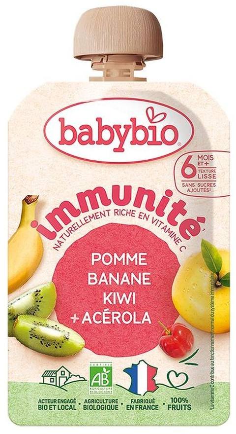 Био плодов мус за имунитет Babybio ябълка, банан, киви и ацерола 100 г