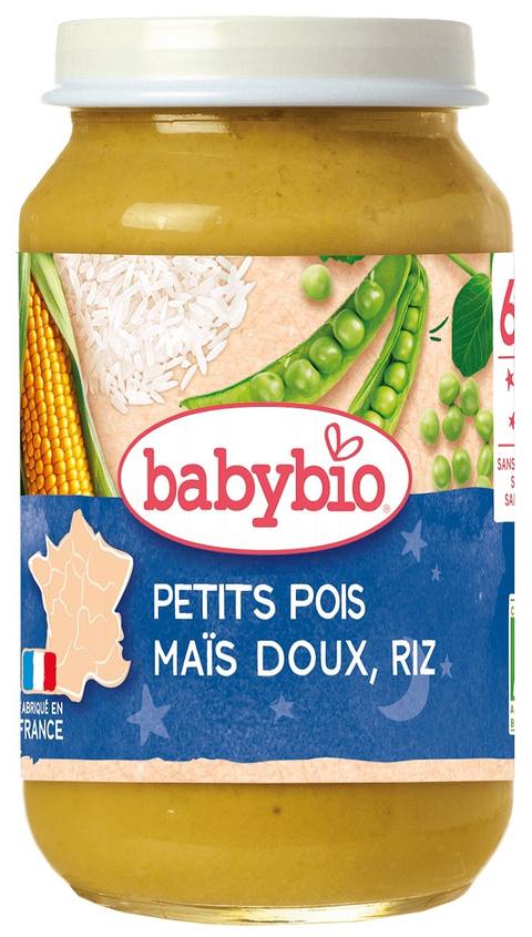 Бебешко био зеленчуково пюре Babybio с грах, сладка царевица и ориз 200 г