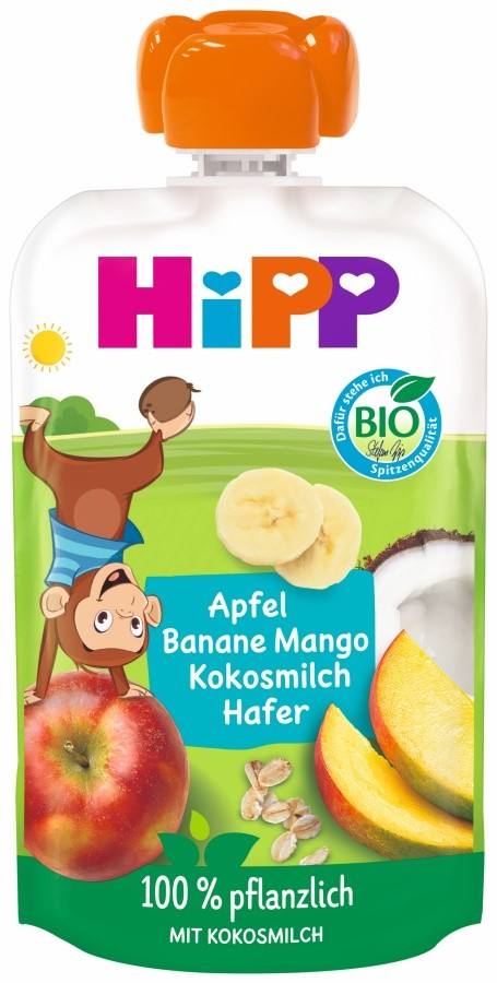Бебешкa плодова закуска HiPP с ябълка, банан, манго, кокосово мляко и овес 100 г