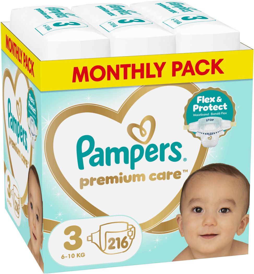 Пелени за еднократна употреба Pampers Premium Care размер 3, 6-10 кг, 216 броя