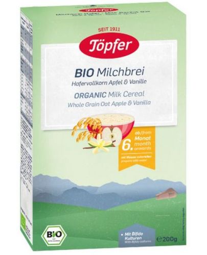 Бебешка млечна каша Töpfer BIO млечна каша с пълнозърнест овес, ябълка и ванилия 200 г.