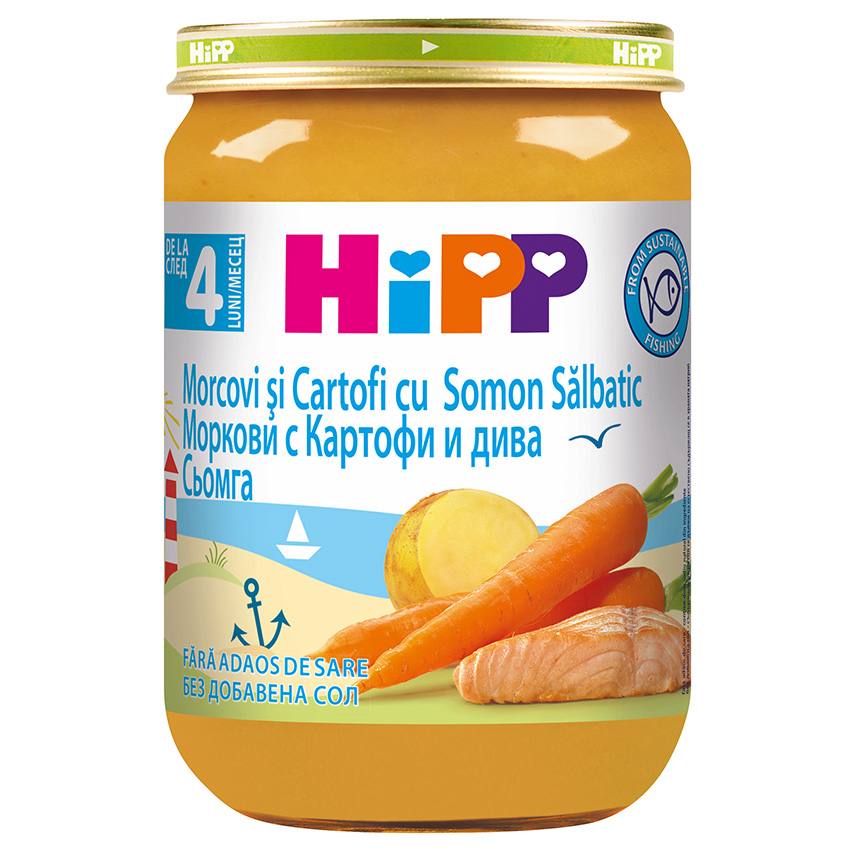 Бебешко пюре HiPP моркови с картофи и дива сьомга 190 г