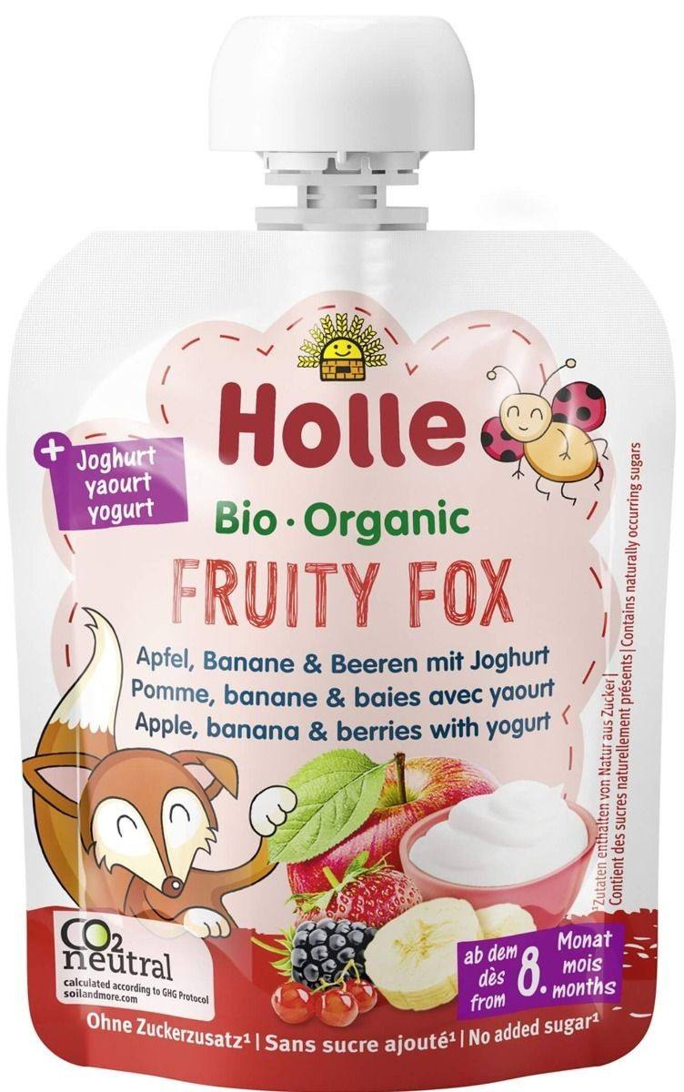 Бебешко плодово пюре Holle Fruity Fox с ябълка, банан, горски плодове и йогурт 85 г.