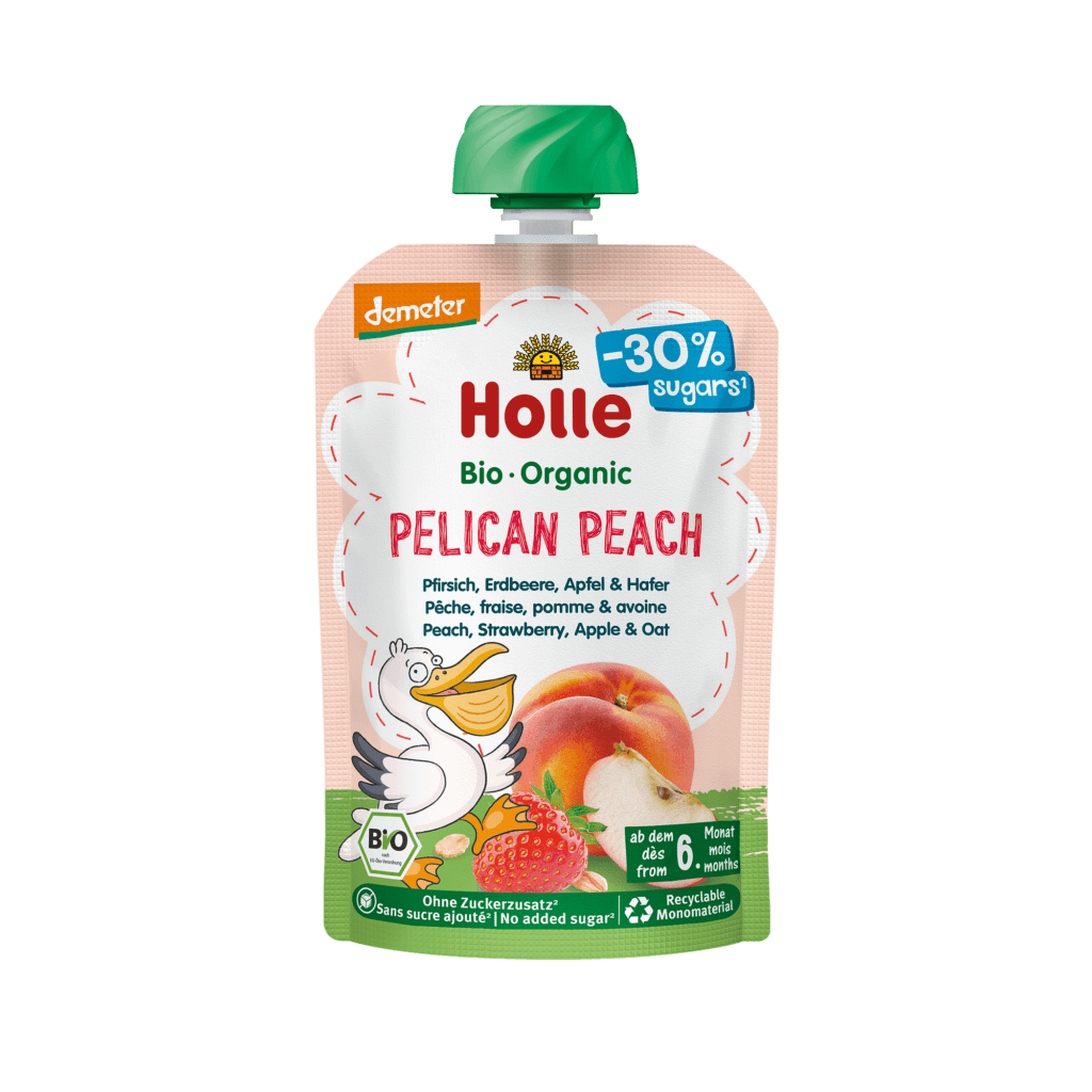 Бебешко пюре Holle Pelican Peach с праскова, ягода, ябълка и овес 100 г
