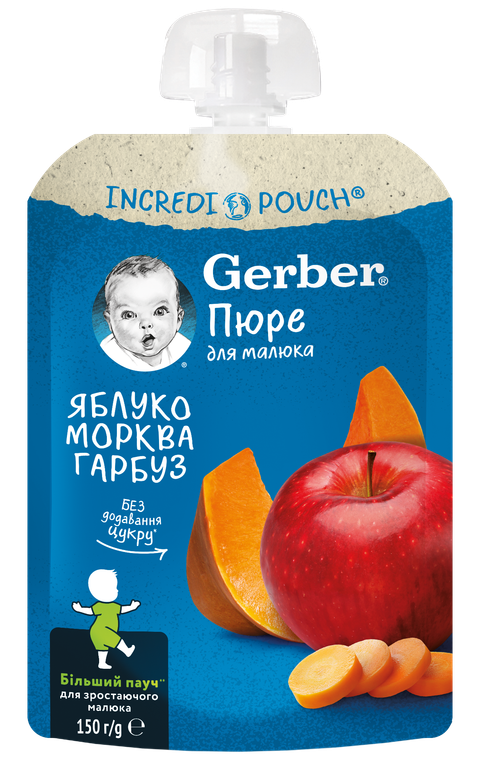 Пауч Gerber Ябълки, Банан и Моркови, 12+м, Gerber 150г