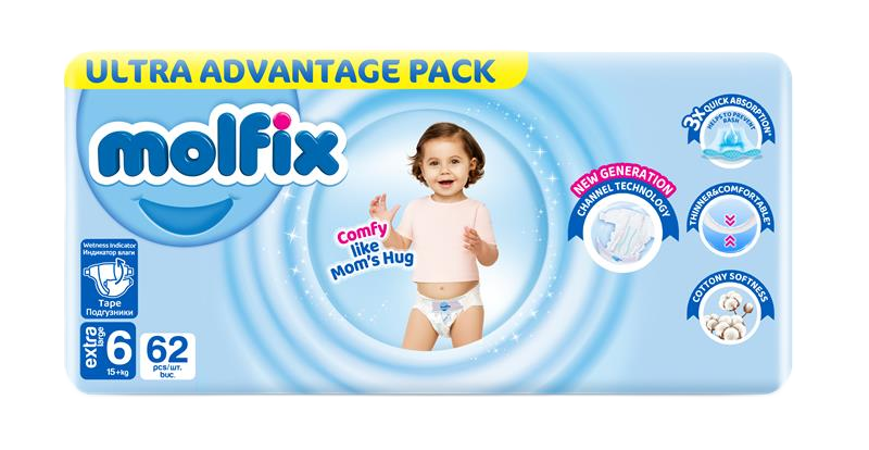 Пелени за еднократна употреба Molfix Extra Large №6 62 броя
