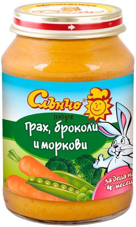 Бебешко пюре Слънчо грах, броколи и моркови 190 г