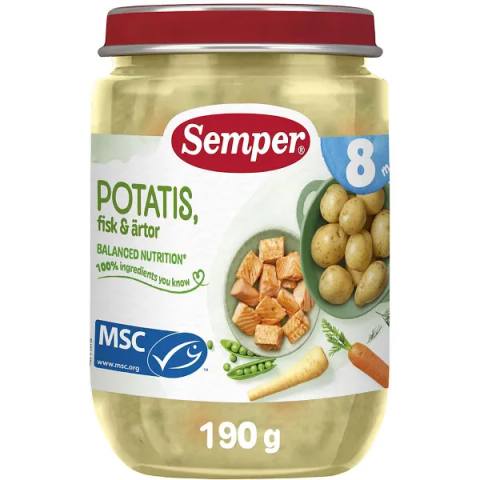 Бебешко пюре Semper със сьомга, картофи и грах 190 г