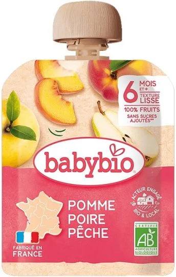 Био плодов мус Babybio от ябълки, круши и праскови 90 г