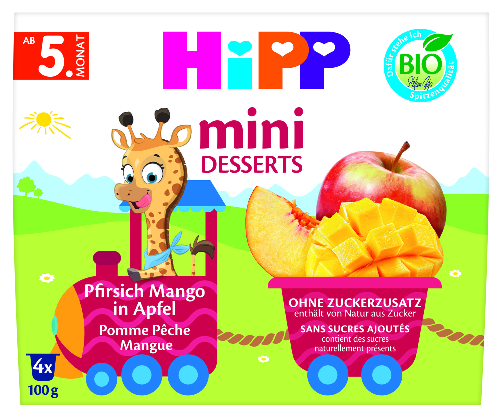 Бебешки десерт HiPP mini Desserts праскова и манго в ябълка 4х100 г