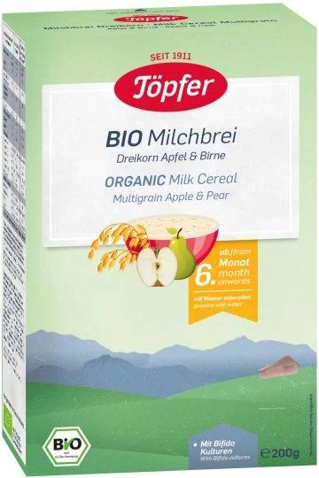 Бебешка каша Töpfer BIO с три вида зърна, ябълка и круша 200 г