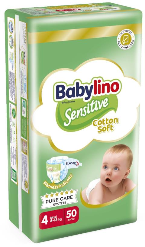 Пелени за еднократна употреба Babylino Sensitive Cotton Soft Maxi 4 8-13 кг 50 бр.