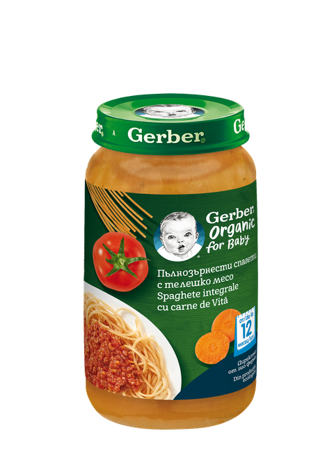 Бебешко пюре Gerber Organic пълнозърнести спагети с телешко месо 250 г