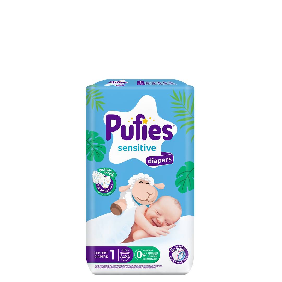 Пелени за еднократна употреба Pufies Sensitive Size 1, 2-5 кг, 43 бр
